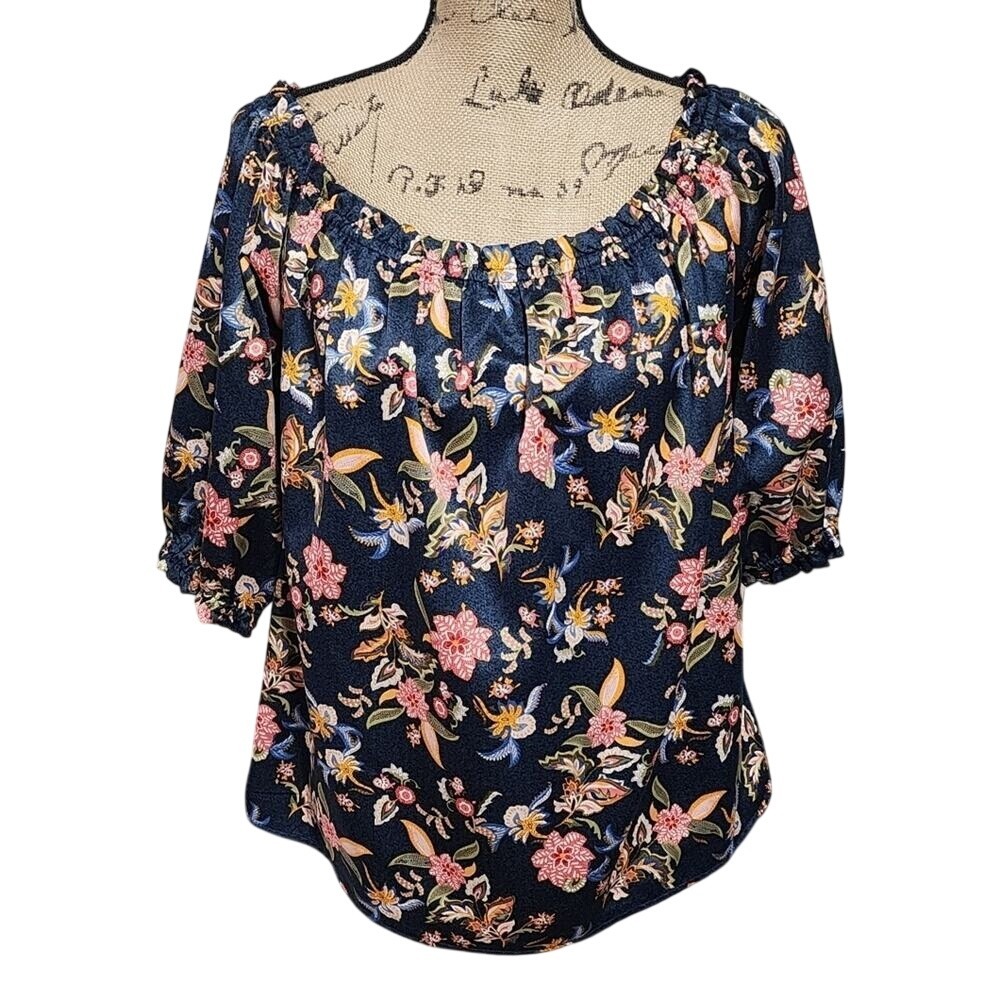 Sweet Rain Navy Blue Floral Elastic‎ Neck Puff Sleeve Peasant Blouse Large